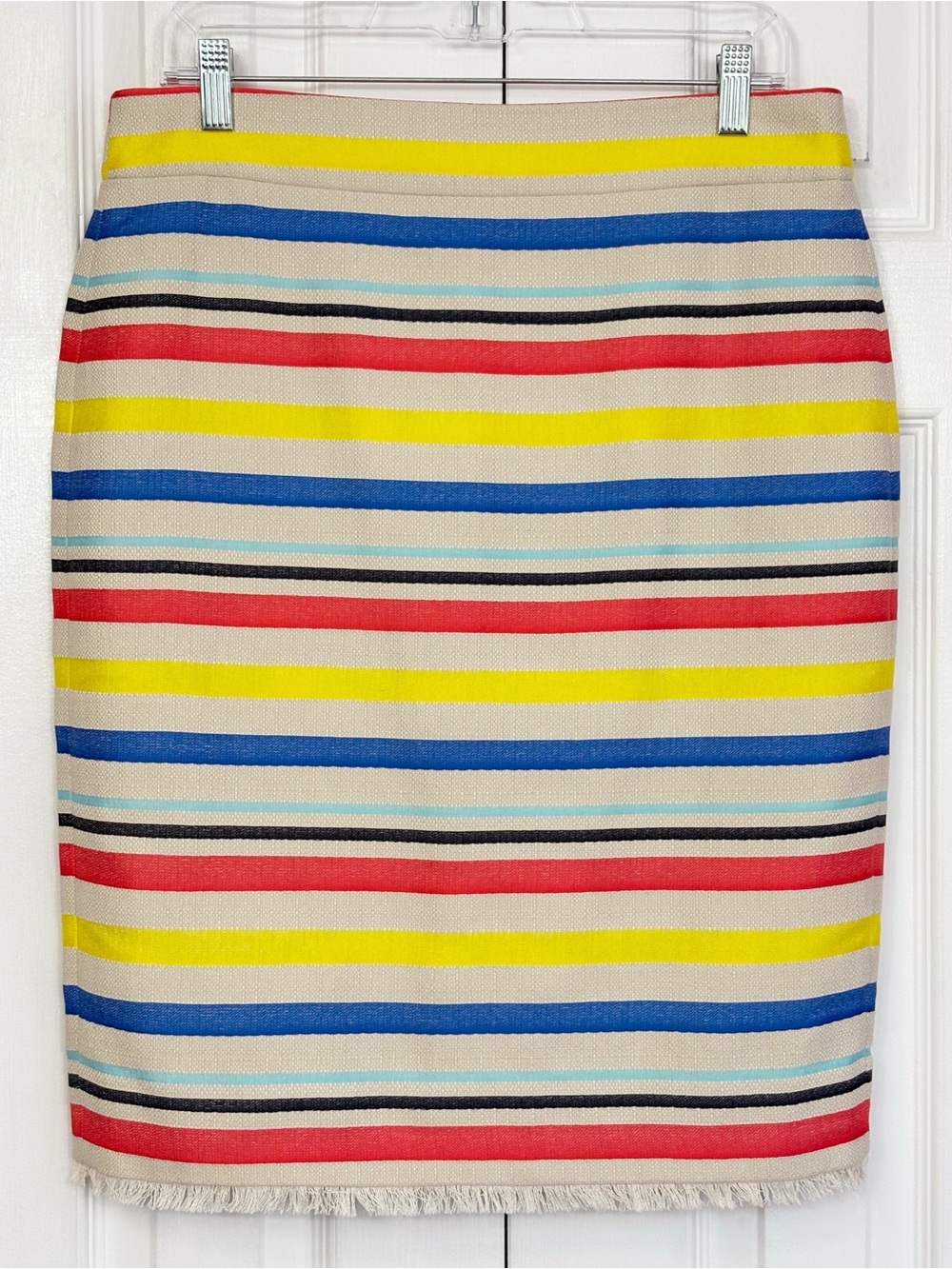 NWT J. Crew Preppy Colorful Stripe Jacquard Fringe Pencil Skirt 12P